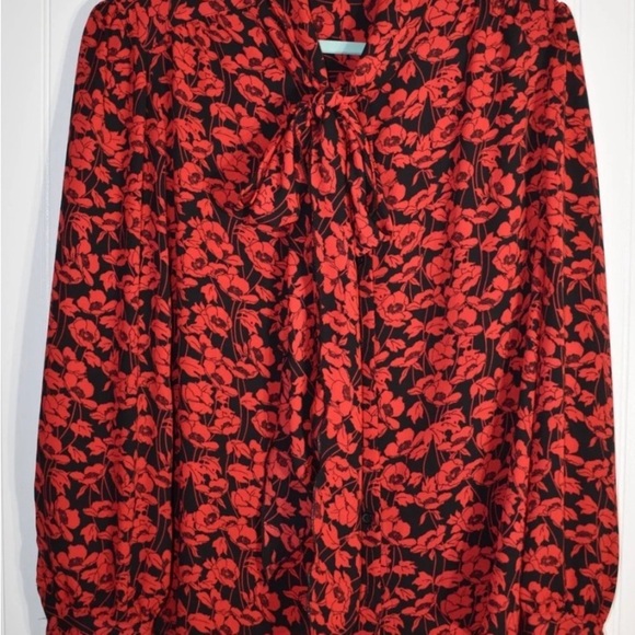 Who What Wear Red Poppies Black Tie Long Sleeve Button Up Blouse XXL - Picture 7 of 11